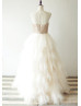 Sheer Neckline Matte Sequin Champagne Ruffle Tulle Long Prom Dress